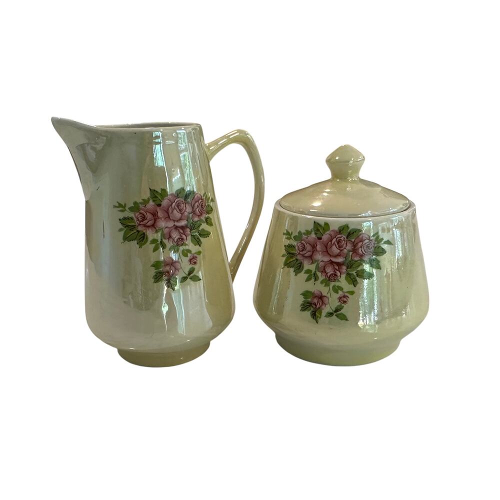 Vtg Brazilian Lusterware Sugar Bowl & Creamer Set Iridescent Pink Moss Rose MCM